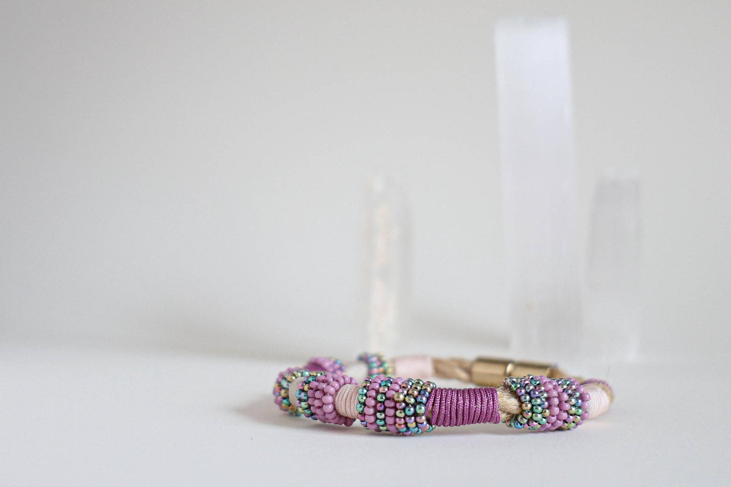 IRIS IRIDESCENT Czech Bead Bracelet on Burlap Rope in Lilac and Purple