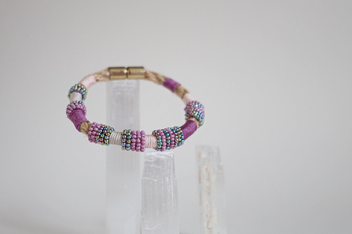 IRIS IRIDESCENT Czech Bead Bracelet on Burlap Rope in Lilac and Purple