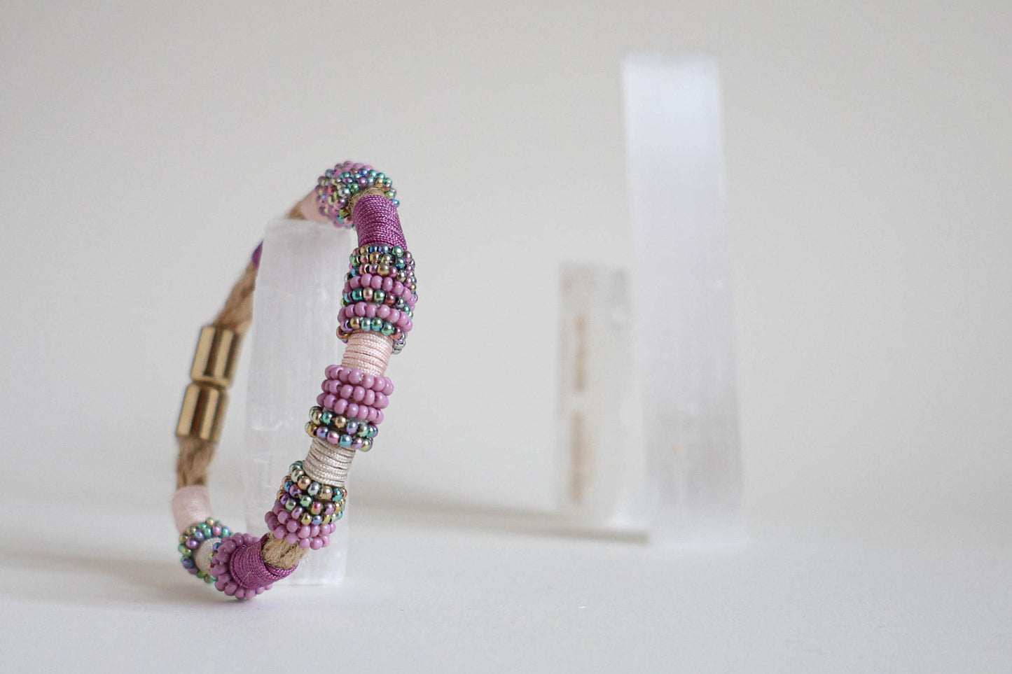 IRIS IRIDESCENT Czech Bead Bracelet on Burlap Rope in Lilac and Purple