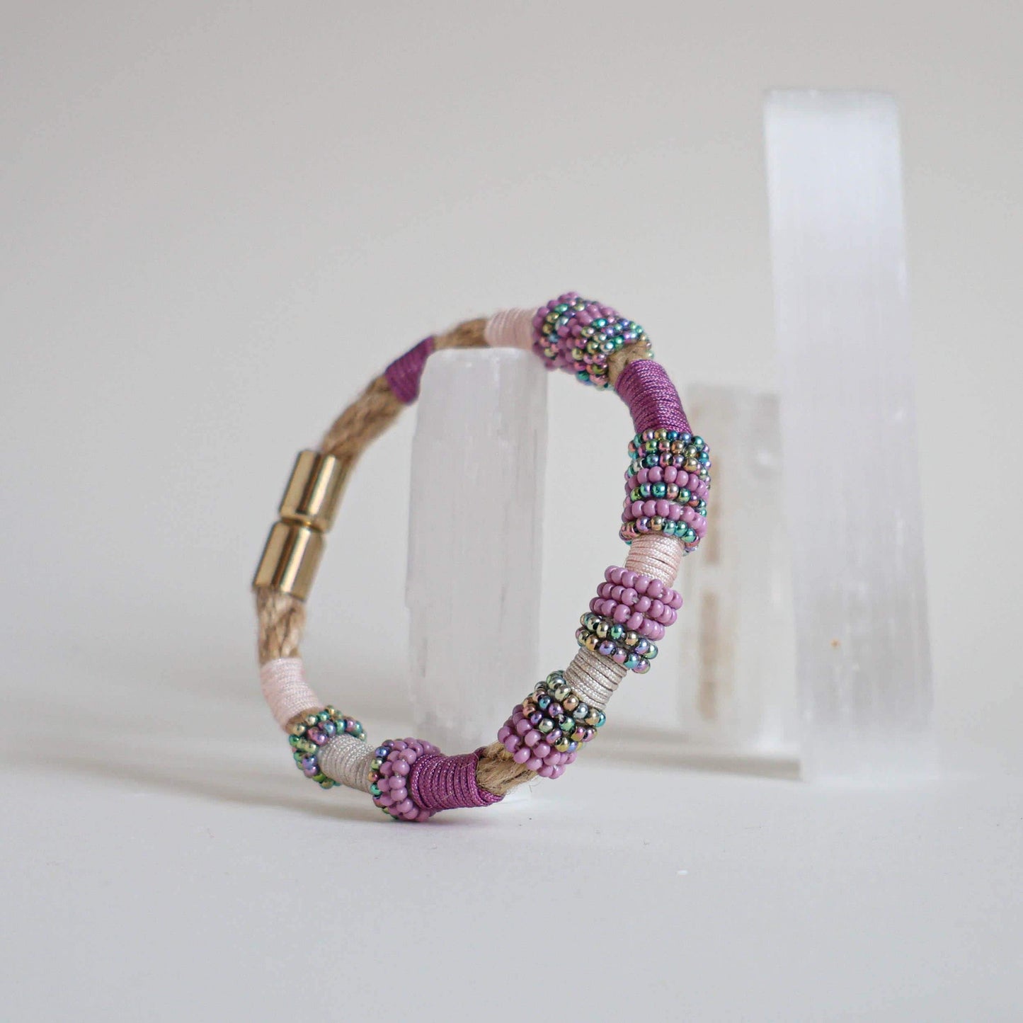 IRIS IRIDESCENT Czech Bead Bracelet on Burlap Rope in Lilac and Purple